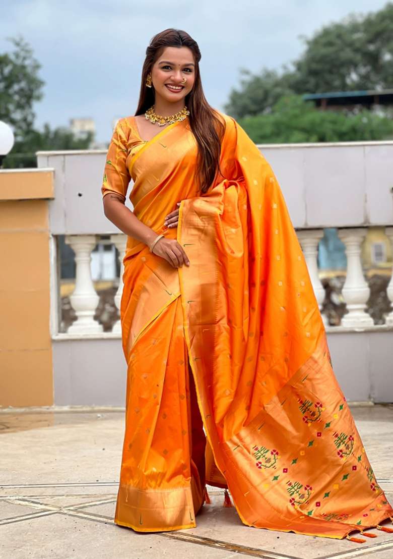 Orange Embroidered Silk Saree Set - Indya