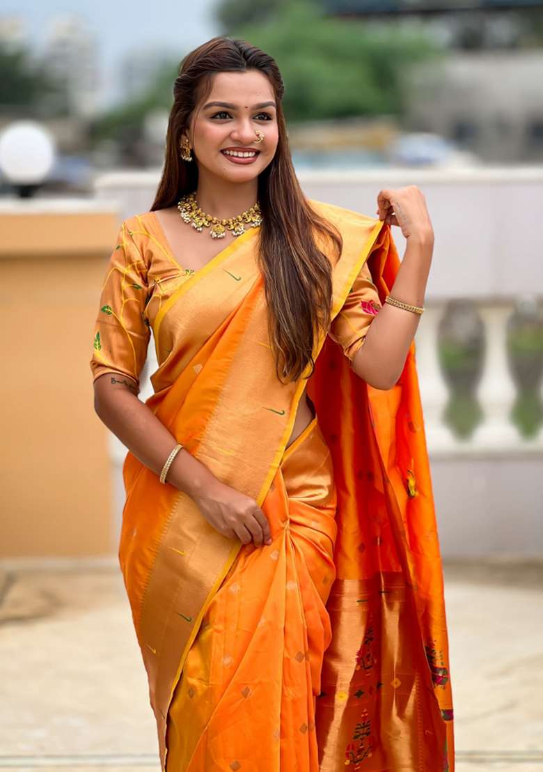Orange Embroidered Silk Saree Set - Indya