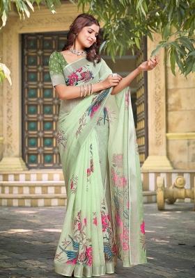 Green Embroidered Cotton Saree Set