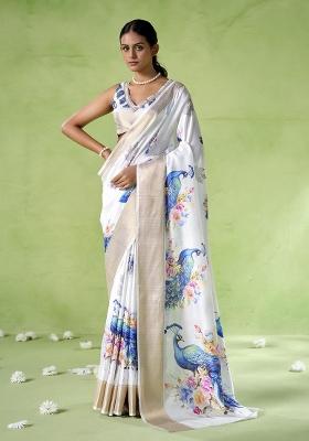 Beige Embroidered Silk Saree Set