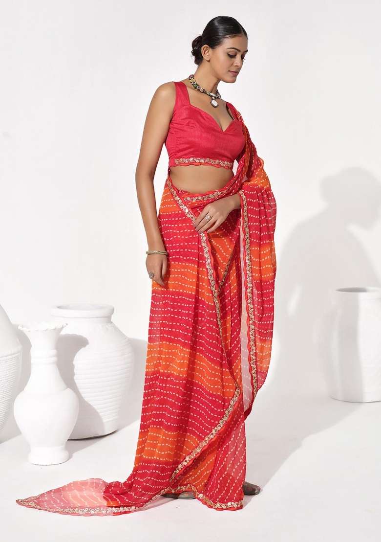 Red Embroidered Georgette Saree Set - Indya