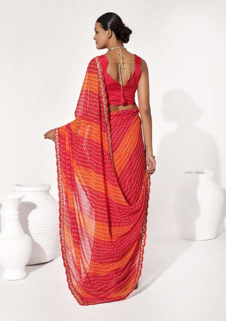 Red Embroidered Georgette Saree Set - Indya