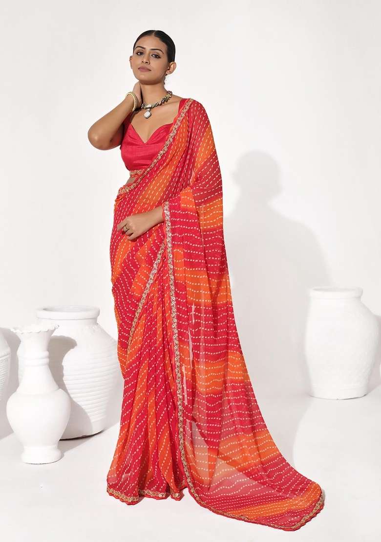 Red Embroidered Georgette Saree Set - Indya