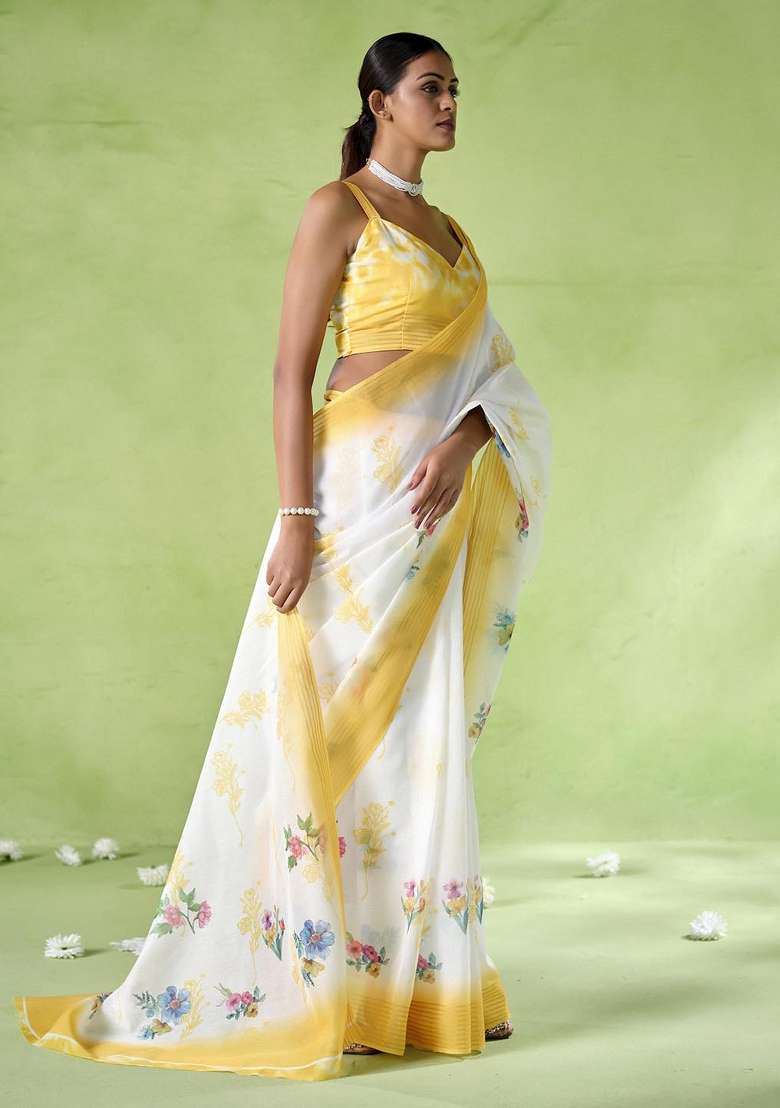 Yellow Embroidered Silk Saree Set - Indya