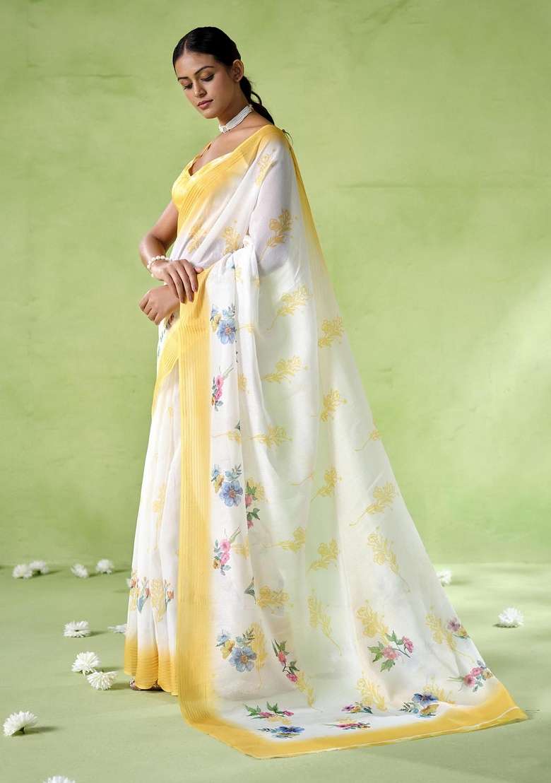 Yellow Embroidered Silk Saree Set - Indya