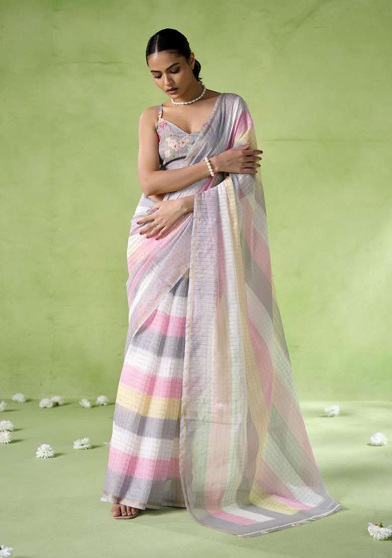 Multi Embroidered Cotton Saree Set - Indya