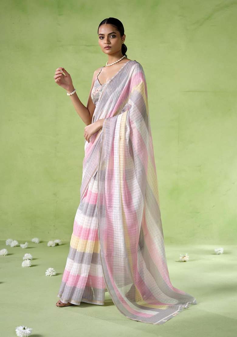 Multi Embroidered Cotton Saree Set - Indya