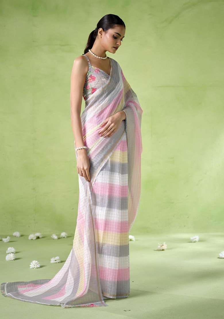 Multi Embroidered Cotton Saree Set - Indya