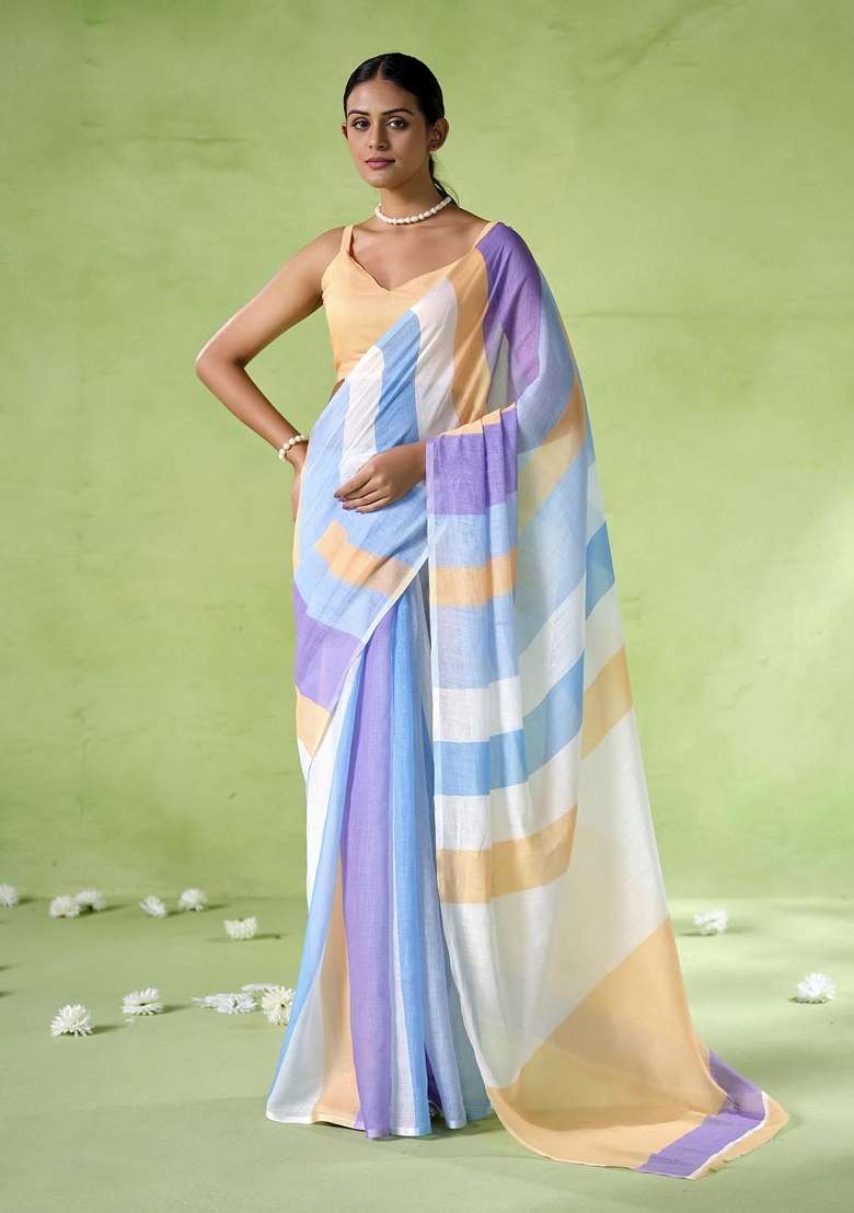 Multi Embroidered Cotton Saree Set - Indya
