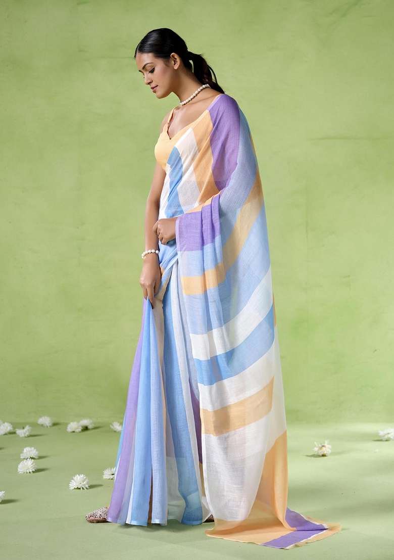 Multi Embroidered Cotton Saree Set - Indya