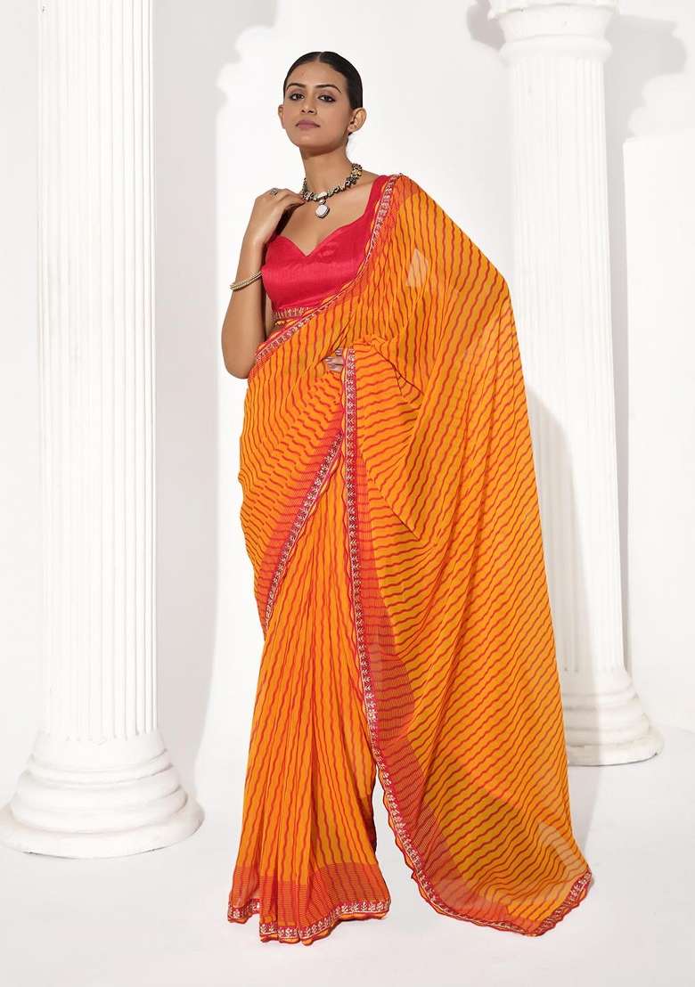 Orange Embroidered Georgette Saree Set - Indya
