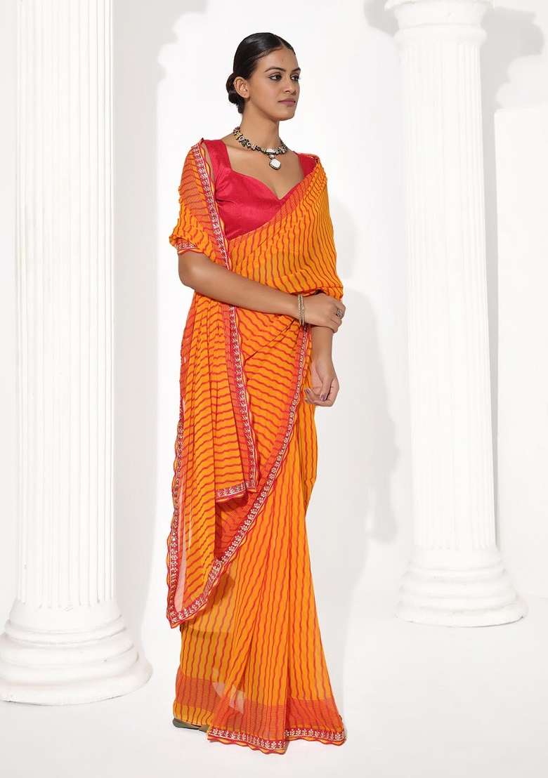 Orange Embroidered Georgette Saree Set - Indya