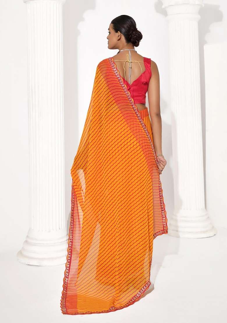Orange Embroidered Georgette Saree Set - Indya
