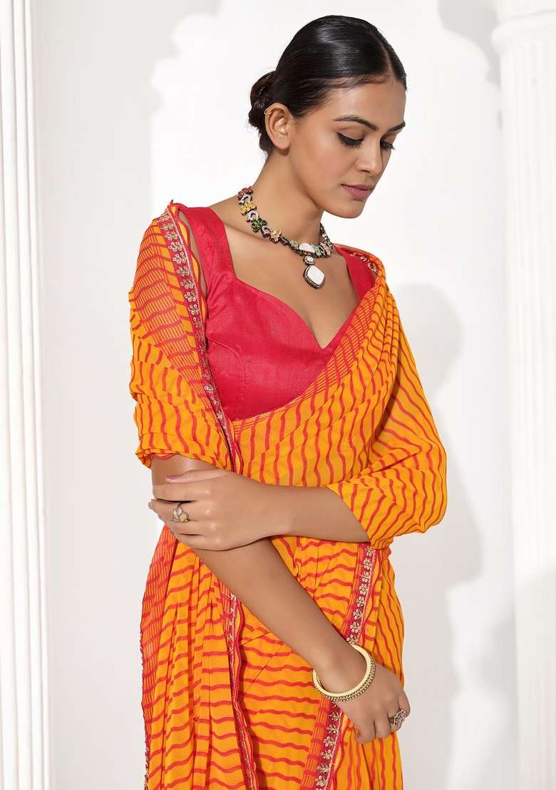 Orange Embroidered Georgette Saree Set - Indya