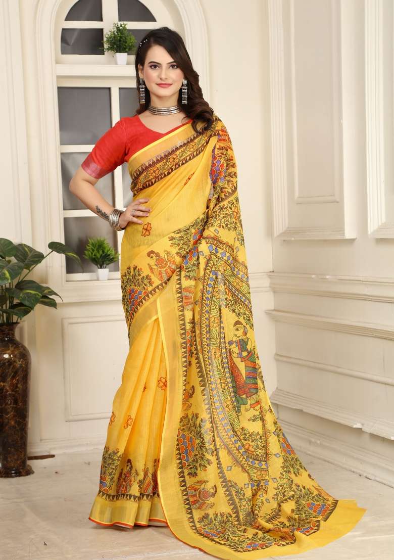 Yellow Embroidered Cotton Saree Set - Indya