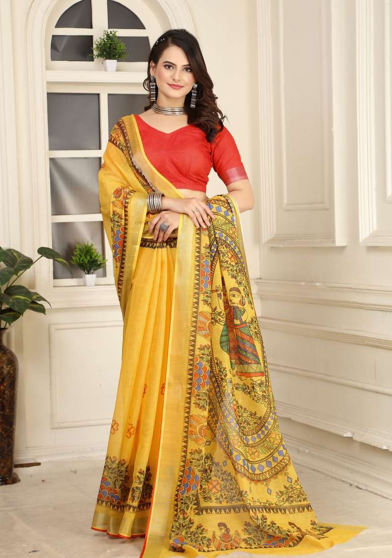 Yellow Embroidered Cotton Saree Set - Indya