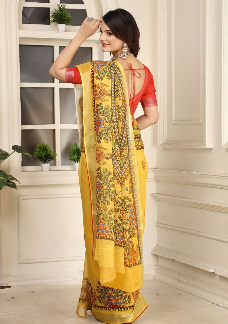 Yellow Embroidered Cotton Saree Set - Indya