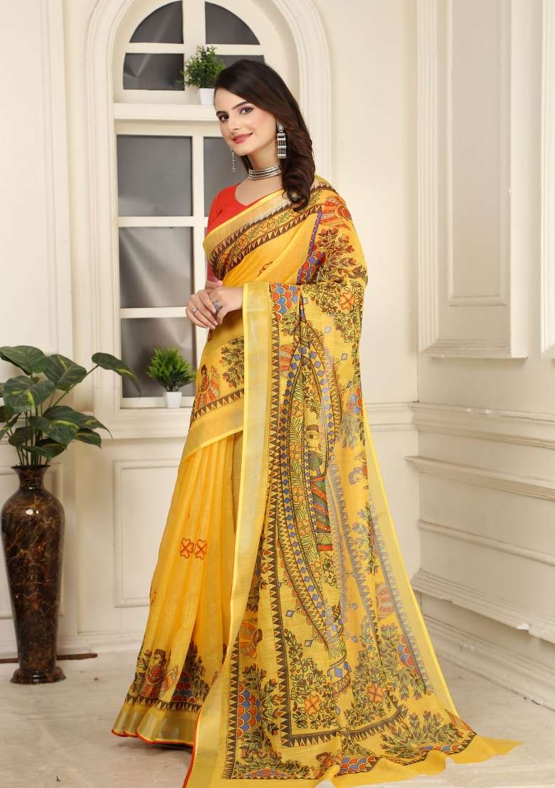 Yellow Embroidered Cotton Saree Set - Indya