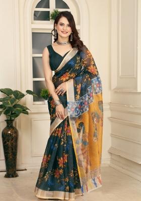 Green Embroidered Cotton Saree Set