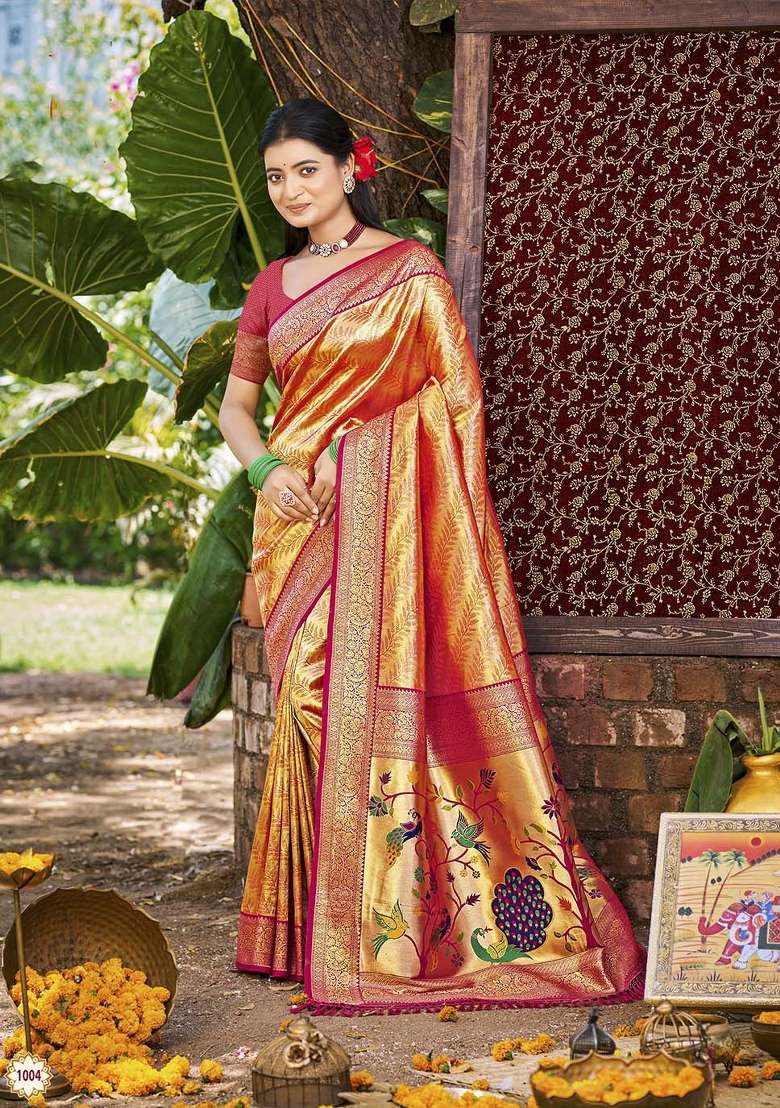 Orange Embroidered Silk Saree Set - Indya