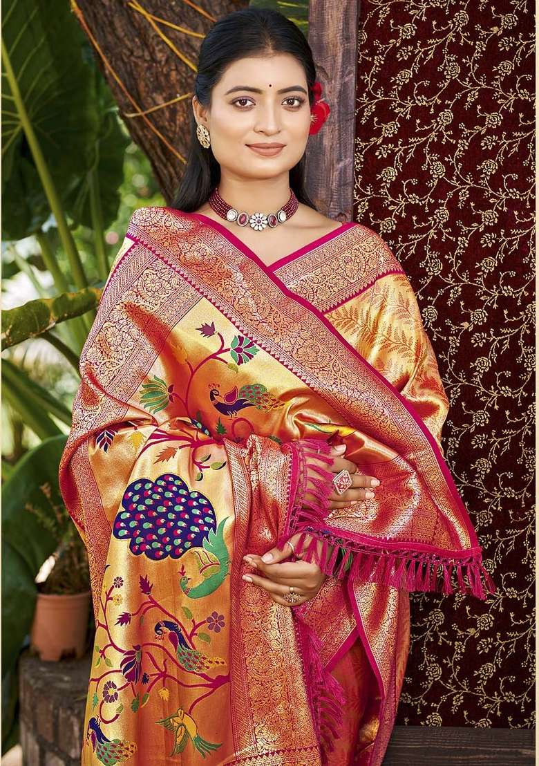Orange Embroidered Silk Saree Set - Indya