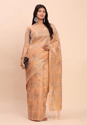 Orange Embroidered Cotton Saree Set