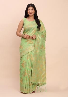 Green Embroidered Cotton Saree Set
