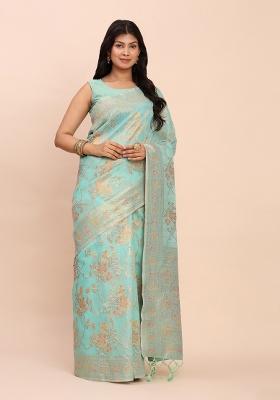 Green Embroidered Cotton Saree Set