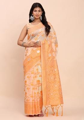 Orange Embroidered Cotton Saree Set