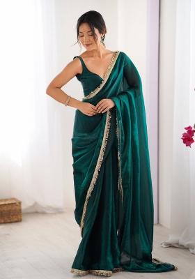 Blue Embroidered Fendy Satin Saree Set