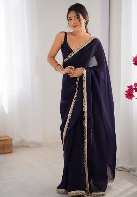 Purple Embroidered Fendy Satin Saree Set