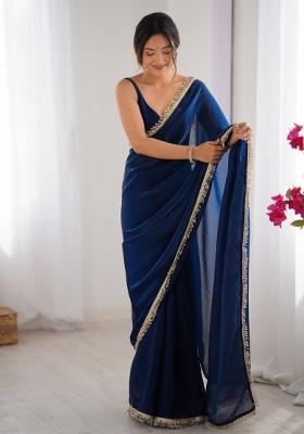 Blue Embroidered Fendy Satin Saree Set