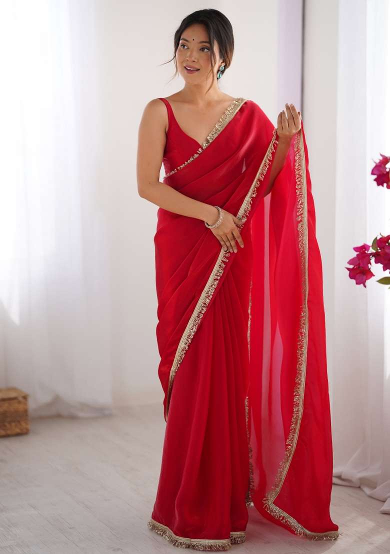 Red Embroidered Fendy Satin Saree Set - Indya