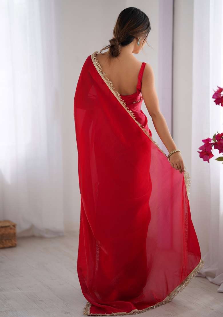 Red Embroidered Fendy Satin Saree Set - Indya
