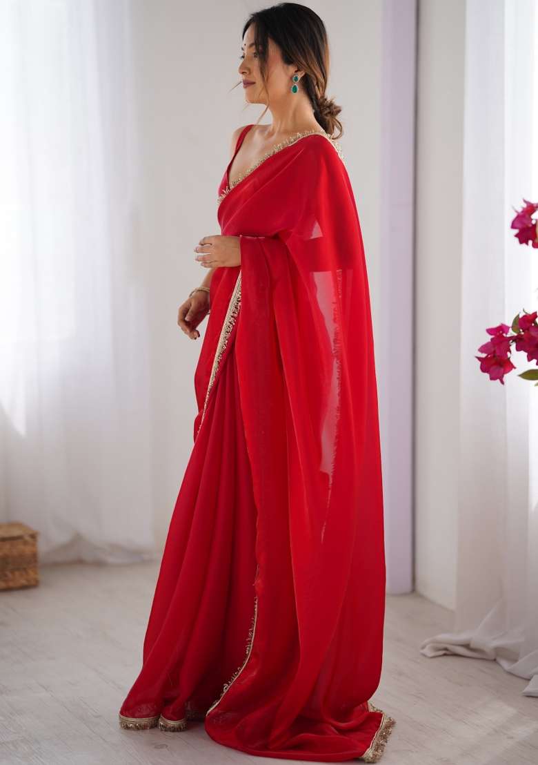 Red Embroidered Fendy Satin Saree Set - Indya