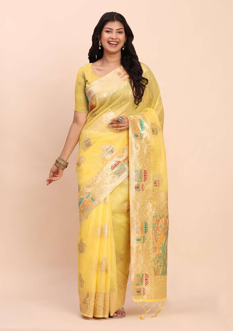 Yellow Embroidered Cotton Saree Set - Indya