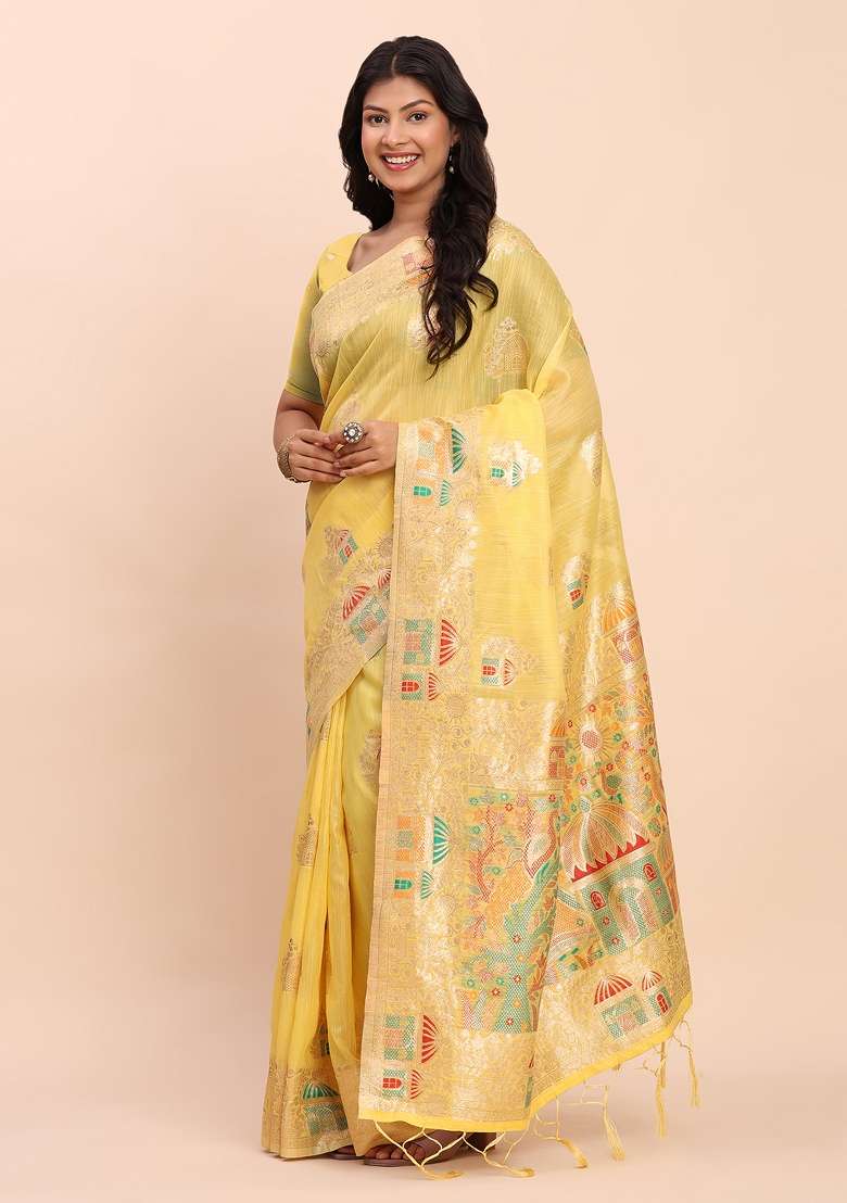 Yellow Embroidered Cotton Saree Set - Indya