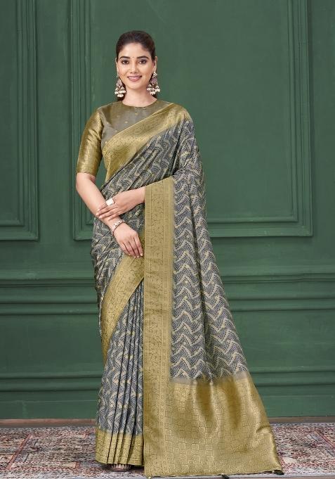 Grey Embroidered Silk Saree Set
