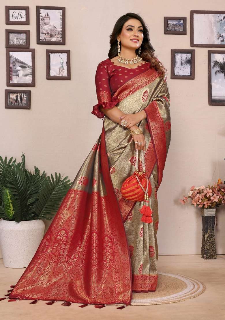 Maroon Embroidered Silk Saree Set - Indya
