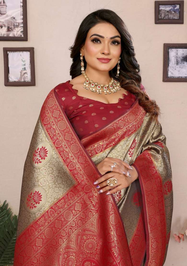 Maroon Embroidered Silk Saree Set - Indya