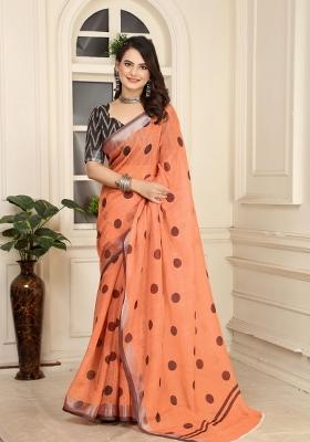 Peach Embroidered Cotton Saree Set
