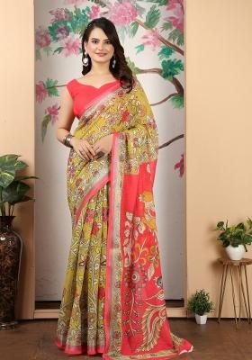 Yellow Embroidered Cotton Saree Set
