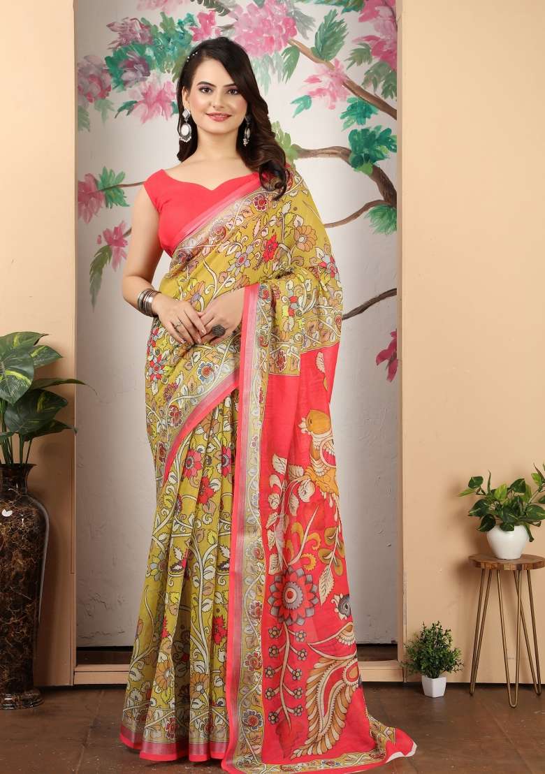 Yellow Embroidered Cotton Saree Set - Indya