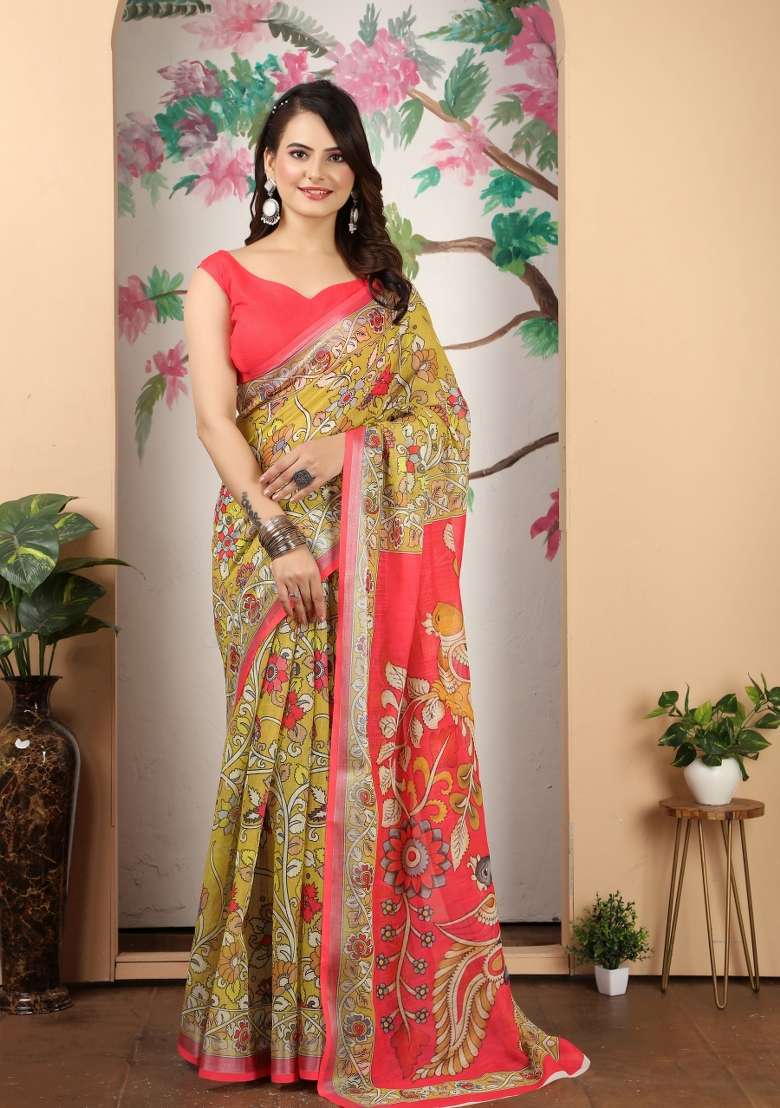 Yellow Embroidered Cotton Saree Set - Indya