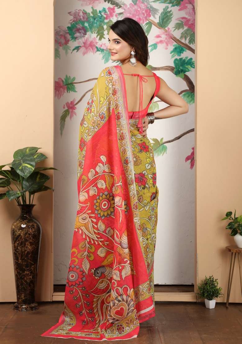 Yellow Embroidered Cotton Saree Set - Indya