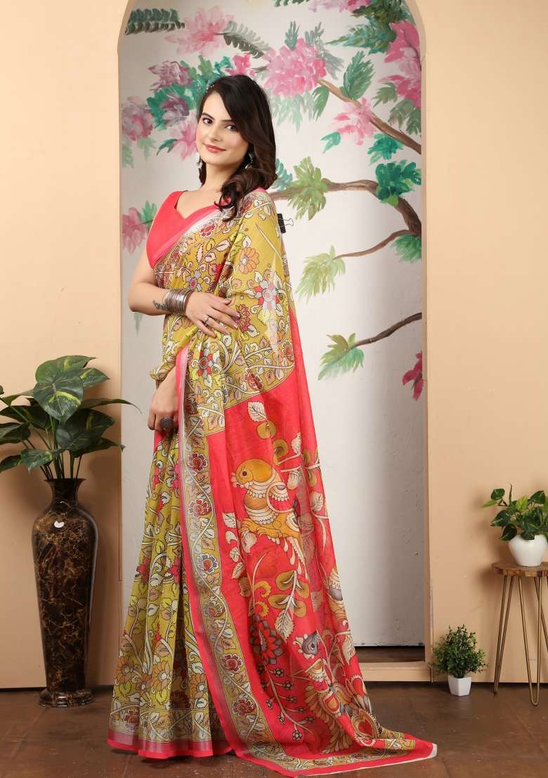 Yellow Embroidered Cotton Saree Set - Indya