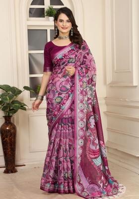 Purple Embroidered Cotton Saree Set