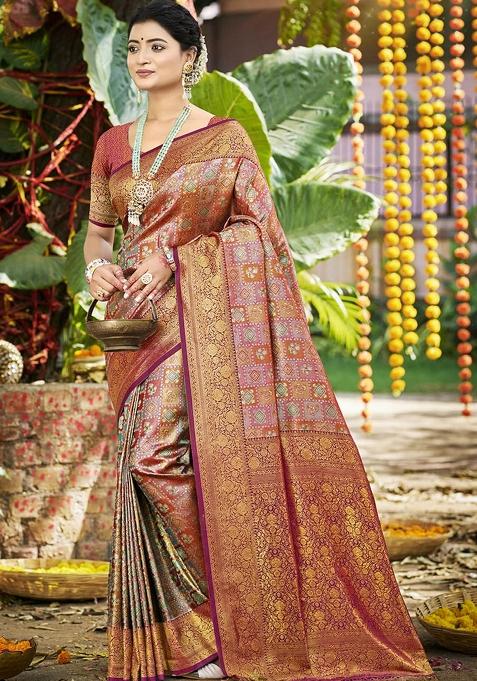 Multi Embroidered Dharmavaram Saree Set