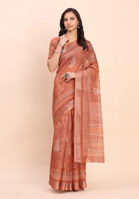 Brown Embroidered Cotton Saree Set