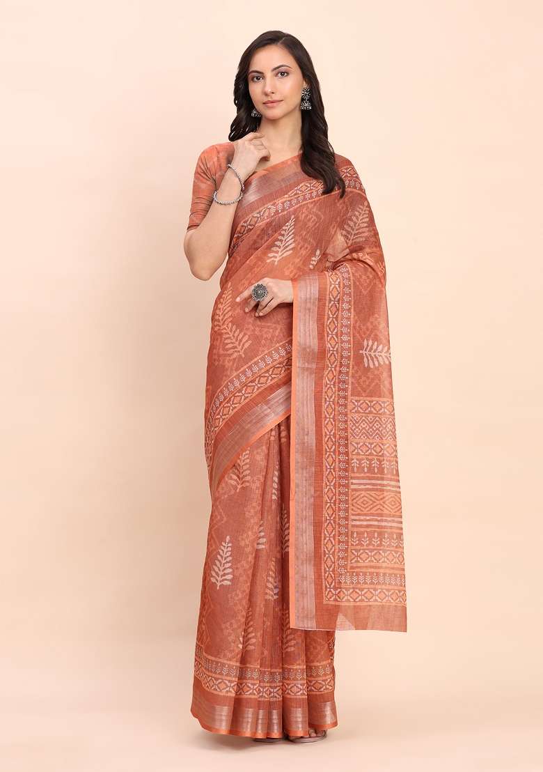 Brown Embroidered Cotton Saree Set - Indya